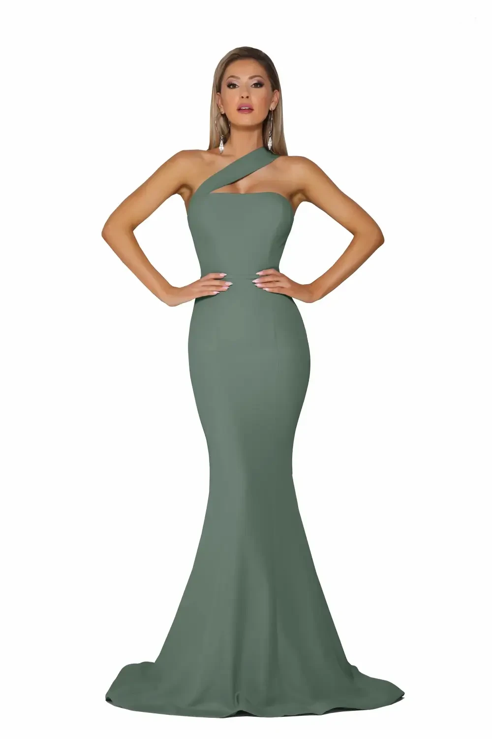 A woman wearing a form-fitting, one-shoulder maroon dress with a mermaid silhouette.