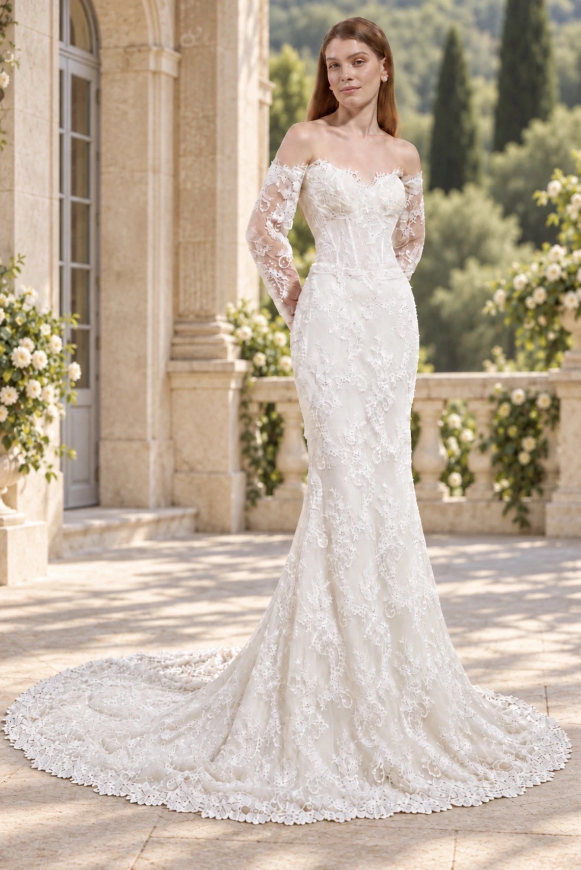 Bride in an off-the-shoulder lace wedding gown with long sleeves and a fitted silhouette.