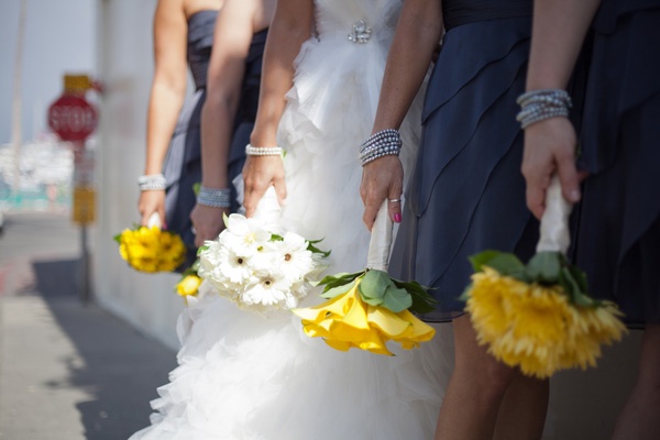 charcoal bridesmaids with yellow bouquets