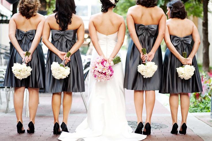 bridesmaids | Charcoal | bow short Empire white bouquet | Wed Society